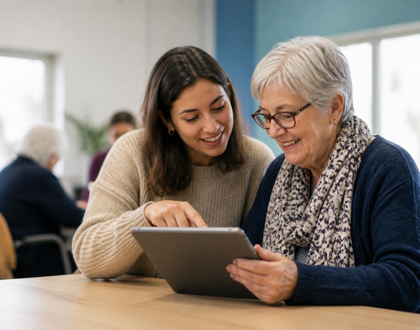 Une médiatrice accompagne une senior souriante dans l’utilisation d’une tablette