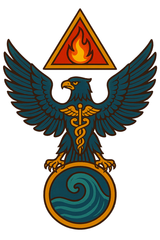 Logo de L’Éclaireur Numérique : aigle aux ailes déployées, caducée, flamme et vague
